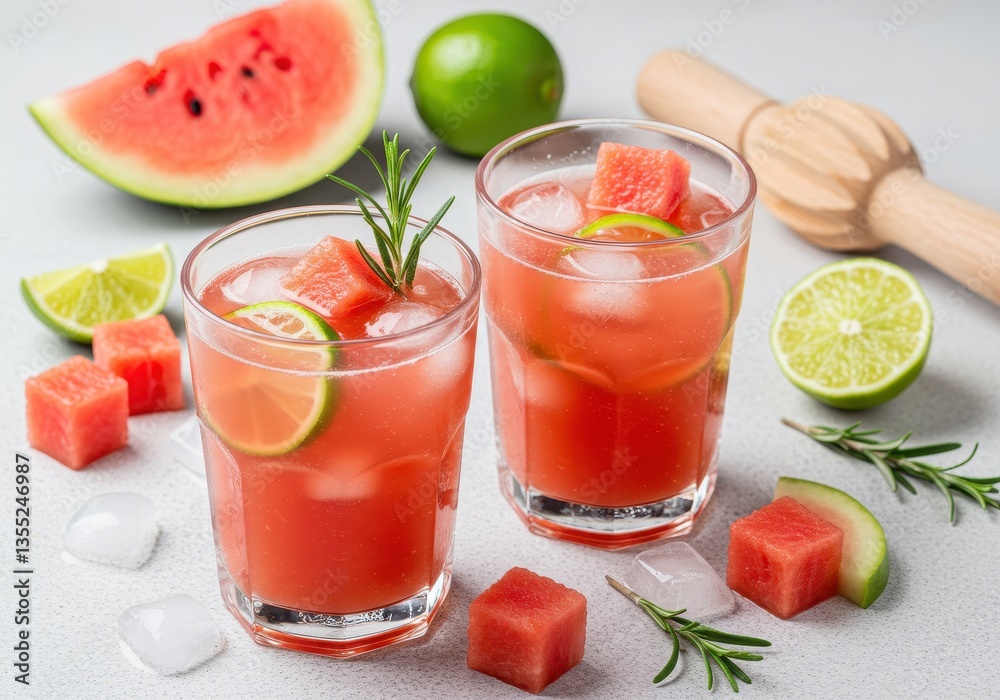 A refreshing summer drink featuring two glasses filled with crushed ice, pink watermelon juice and floating lime wedges A refreshing summer drink featuring two glasses filled with crushed ice, pink watermelon juice and floating lime wedges