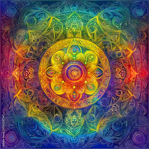 Mandala-inspired rainbow artwork with intricate patterns and spiritual symmetry. meditation visuals, prints, festival posters. psychedelic, geometry, abstract, vibrant, sacred photo