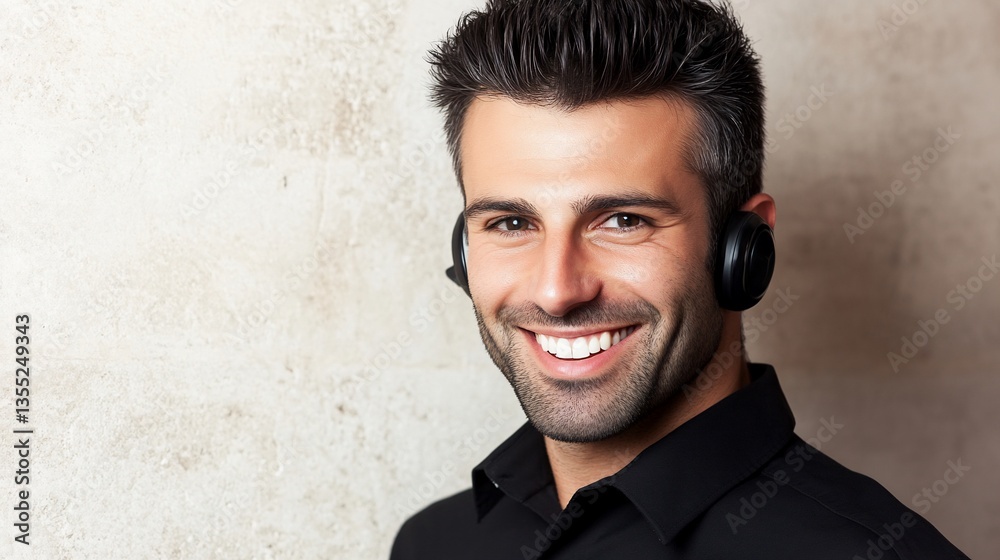 Obraz premium Smiling man wearing headset against textured wall.