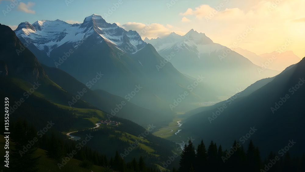 Obraz premium A majestic mountain range featuring snow-capped peaks highlighting its commitment to protecting the environment
