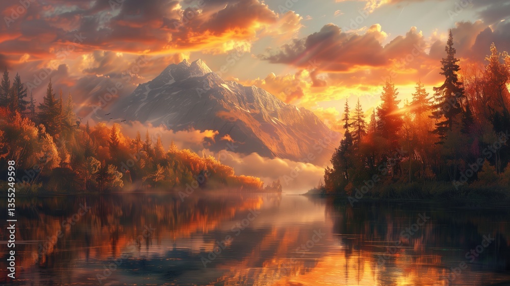 Autumn sunset over a mountain lake with reflection Autumn sunset over a mountain lake with reflection