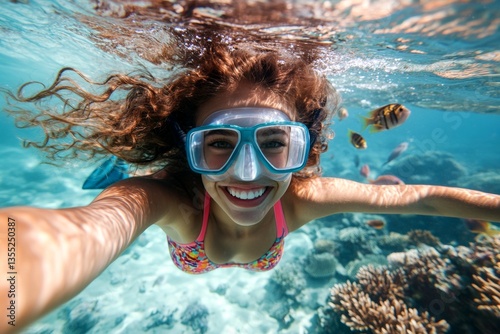 Scenic coastal vacation. A gorgeous and sexy happy black young woman with short hair in a swimming mask and fins snorkeling among the corals. Happy summer escape. Bright commercial style image.