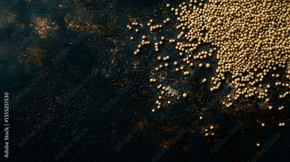 Fototapeta premium A close-up view of Amaranth seeds scattered across a dark surface, showcasing their tiny, smooth, and cream-colored texture with clear detail.