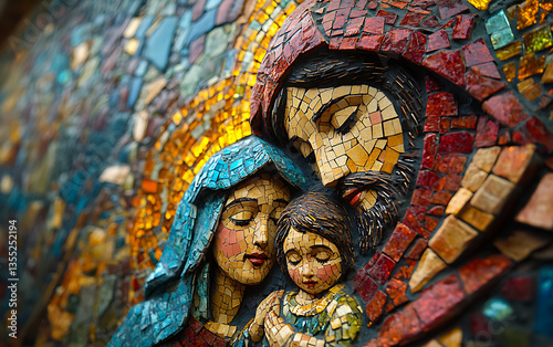 Mosaic art of a family depicting mother father and child