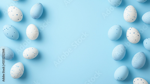 Easter eggs on pastel blue background with copy space for text  photo
