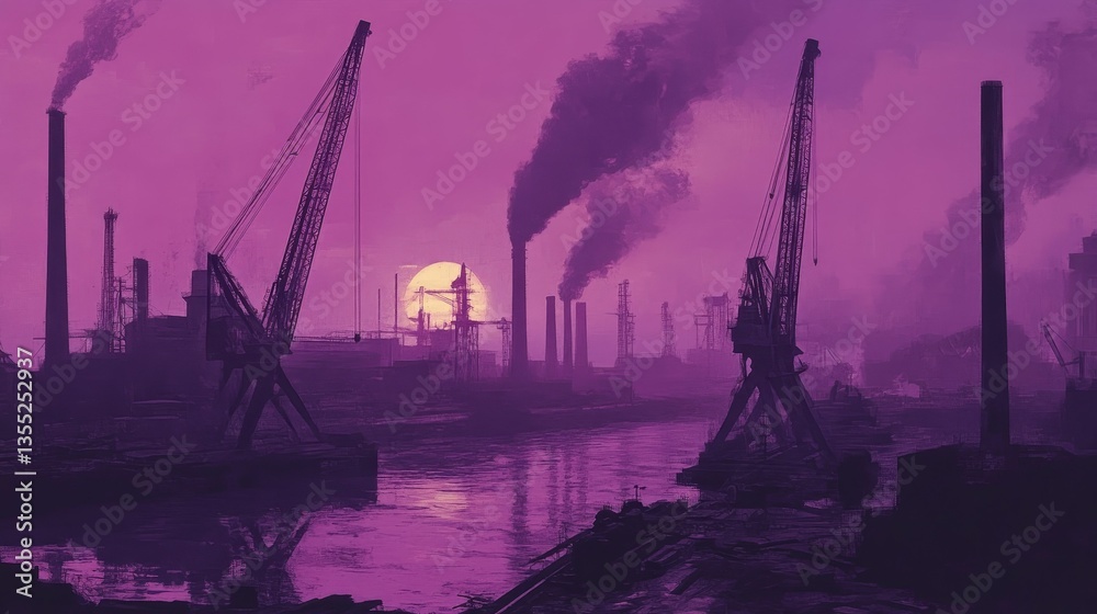 Obraz premium Industrial skyline dominates with cranes and smoke.