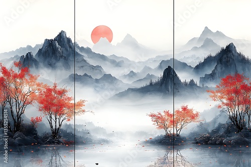 Ink Wash Painting Mountain Landscape with Autumn Foliage and Reflection in Water