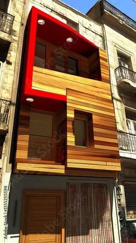 Modern three-story building with red accents and wood siding.