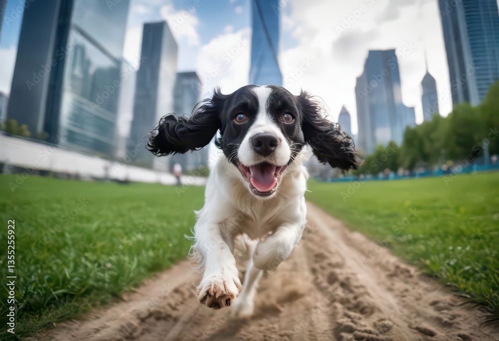 american cocker dog runnign in the street of a city, doggy playing outdoors in a urban park, on the roads between the skyscrapers american cocker dog runnign in the street of a city, doggy playing outdoors in a urban park, on the roads between the skyscrapers