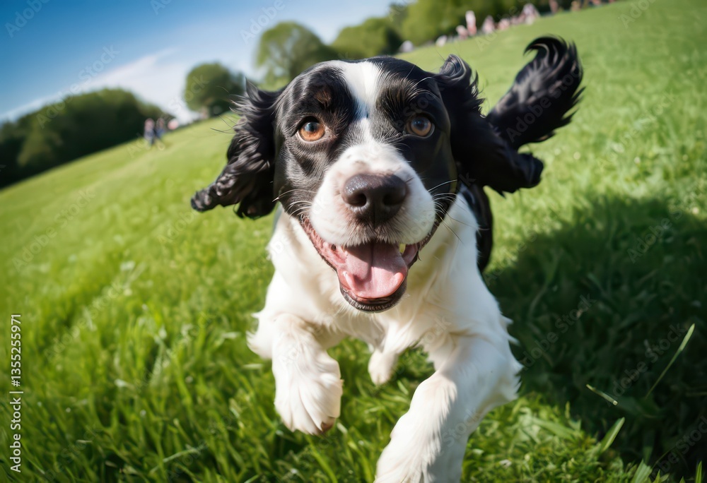 american cocker dog running in a green countryside, doggy playing outdoors in the nature, hairy friend in the nature american cocker dog running in a green countryside, doggy playing outdoors in the nature, hairy friend in the nature