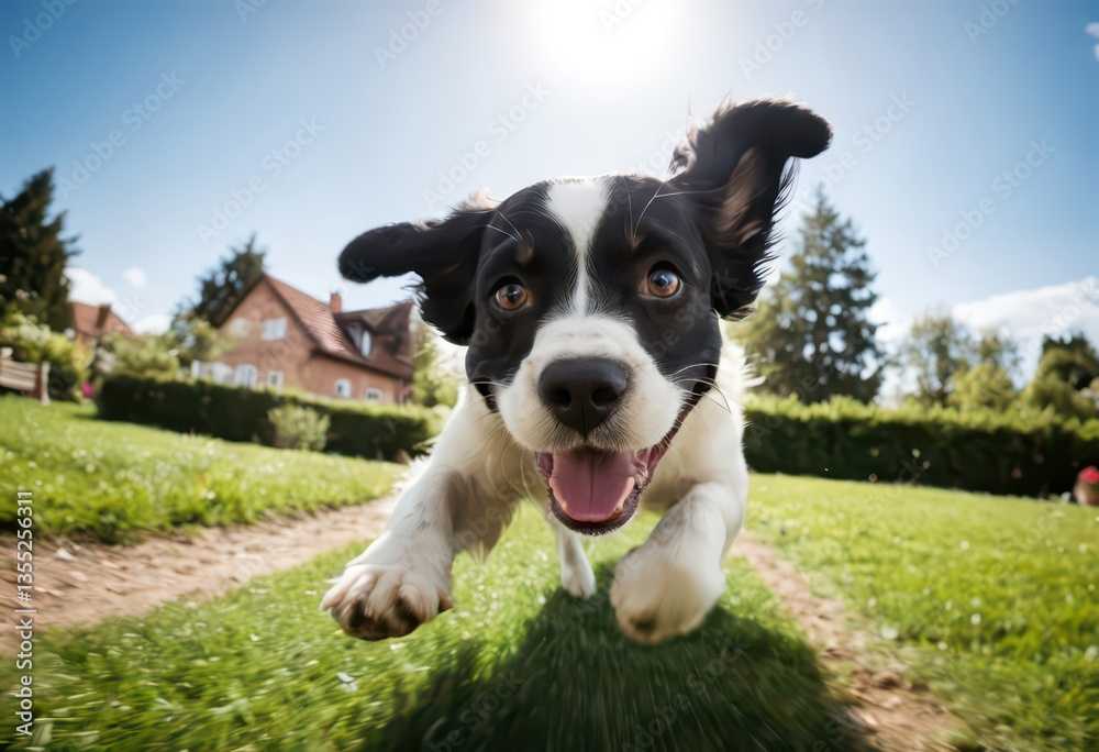 american cocker dog running on green grass of a garden, in a beautiful villa or mansion, doggy playing outdoors during a party in the nature american cocker dog running on green grass of a garden, in a beautiful villa or mansion, doggy playing outdoors during a party in the nature