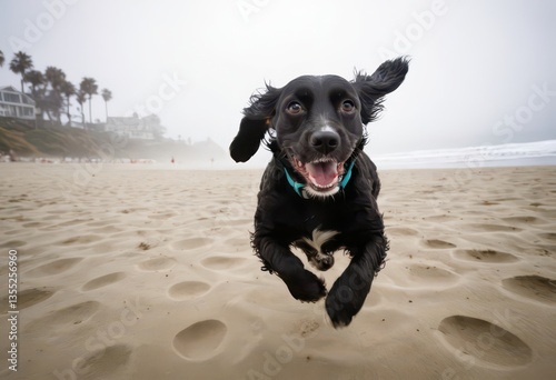 american cocker dog running on the beach, doggy pet playing on the sand, near the ocean, on the coast of the shore photo