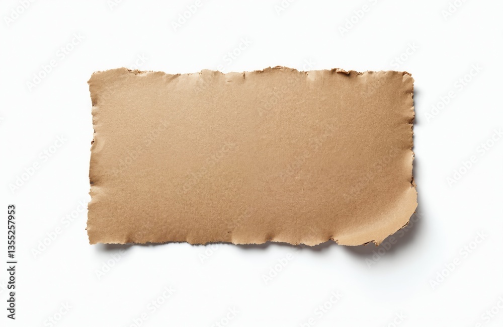 Obraz premium Torn piece of cardboard on white background. Brown blank card with copy space, ripped edges. Textured paper element, top view. Use for presentation, advertisement, design.