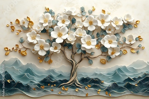 White Floral Tree Artwork, Textured Mountains, Blue Tones, Golden Accent Leaves Design