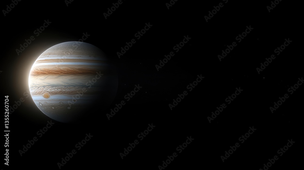 Jupiter in the vast expanse of space.  A captivating view of the gas giant, showcasing its iconic swirling bands of color.  The darkness of space accentuates the planet's luminous presence