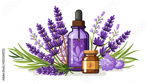 Bunch of lavandula and lavender essential oil on white background.