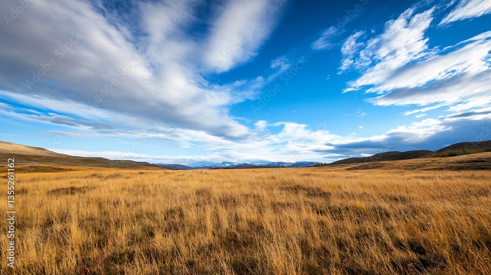 Expansive golden grass field under a wide blue sky with clouds in a picturesque natural setting : Generative AI Expansive golden grass field under a wide blue sky with clouds in a picturesque natural setting : Generative AI