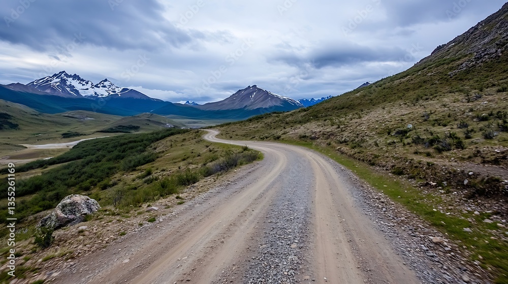 Naklejka premium Winding dirt road leading through mountains with snow capped peaks under dramatic cloudy sky : Generative AI