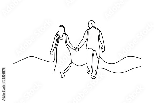 Couple Walking HandinHand, OneLine Art, Minimalist Design, Romantic Stroll, Simple Drawing, Elegant 