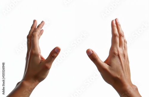 Hand reaching out, point of view perspective isolated on white background. Gesturing interaction, virtual reality, communication concepts. Open palm, touching something invisible. Digital tech