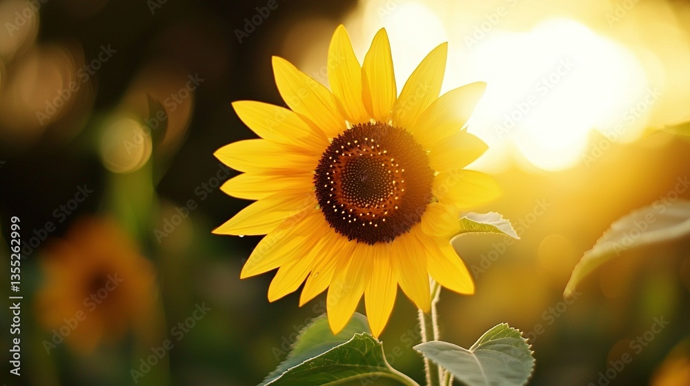 Naklejka premium A sunflower in focus as sunlight filters through its background