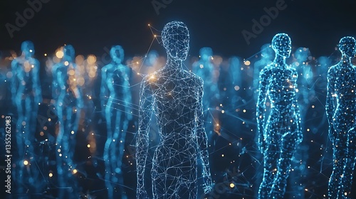 Networked digital human figures in a crowd.