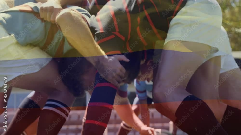 In school, animation showing rugby players in scrum formation on grassy field In school, animation showing rugby players in scrum formation on grassy field