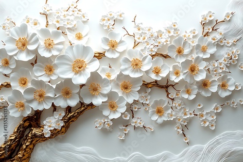 Elegant White Floral Blossom Cluster with Golden Branch Accents on White Surface