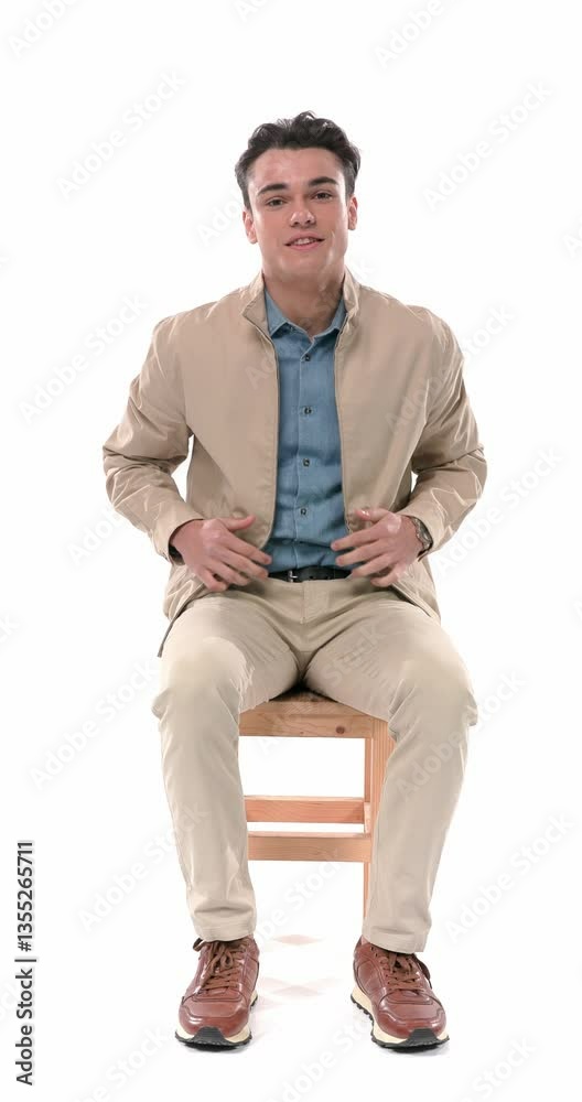 casual seated guy adjusting beige jacket, crossing legs, looking both sides and nodding while sitting on wooden chair in front of white background casual seated guy adjusting beige jacket, crossing legs, looking both sides and nodding while sitting on wooden chair in front of white background
