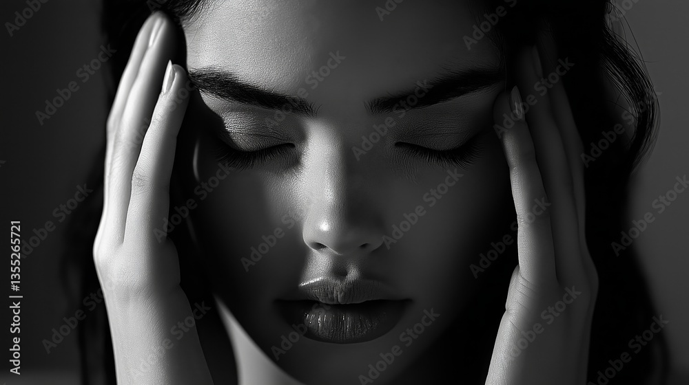 Obraz premium A close-up of a woman with closed eyes, gently massaging her temples with both hands, conveying a sense of relaxation and stress relief