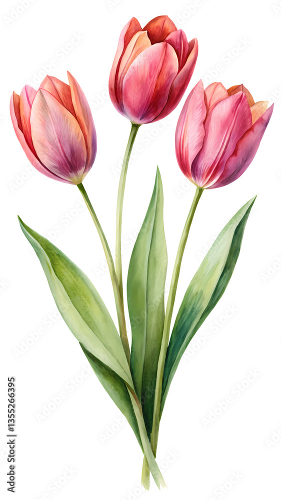 Obraz premium Three Watercolor Pink Tulips with Lush Green Leaves Botanical Illustration