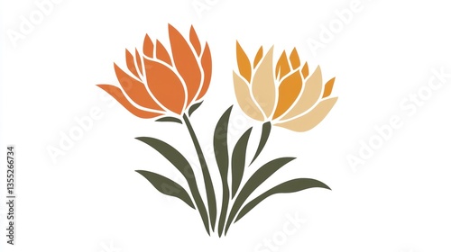 Stylized Floral Design with Two Blooming Flowers in Warm Tones Ideal for Decorative and Botani