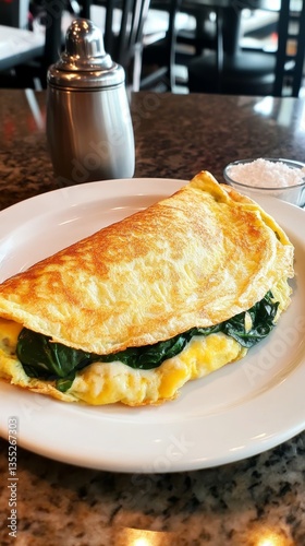 Freshly prepared spinach and cheese omelet garnished with garlic powder served in a vibrant diner atmosphere