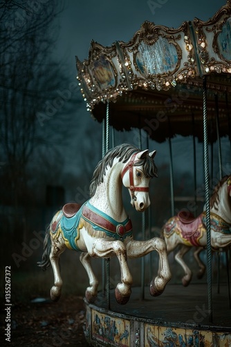 Old carousel horse in muted, dreamy atmosphere.