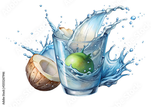 Refreshing Coconut Water Splash with Lime in Glass