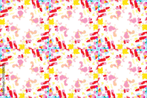 Abstract pattern with scattered, irregular shapes. Vibrant color palette including red, yellow, blue, and pink hues with white background. brushstroke-like elements.  Dynamic composition 