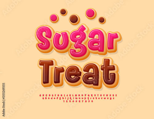 Vector Delicious badge Sugar Treat. Sweet Festive Font. Tasty Cake Alphabet Letters and Numbers set.