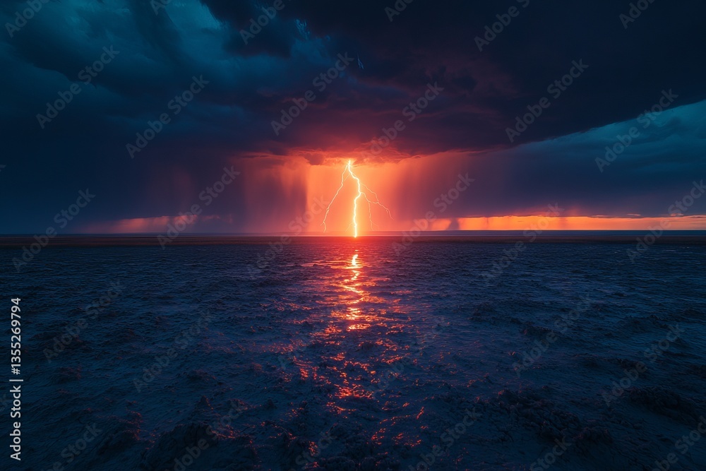 A dramatic lightning bolt strikes over a dark ocean under a stormy sky at sunset A dramatic lightning bolt strikes over a dark ocean under a stormy sky at sunset