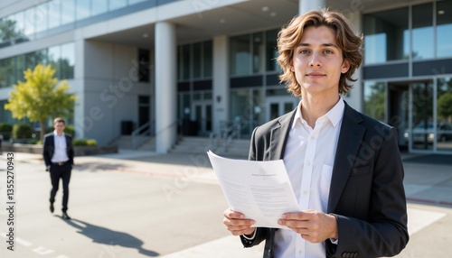 Teenagers Looking for Jobs - Young man holds resume confidently outside office  