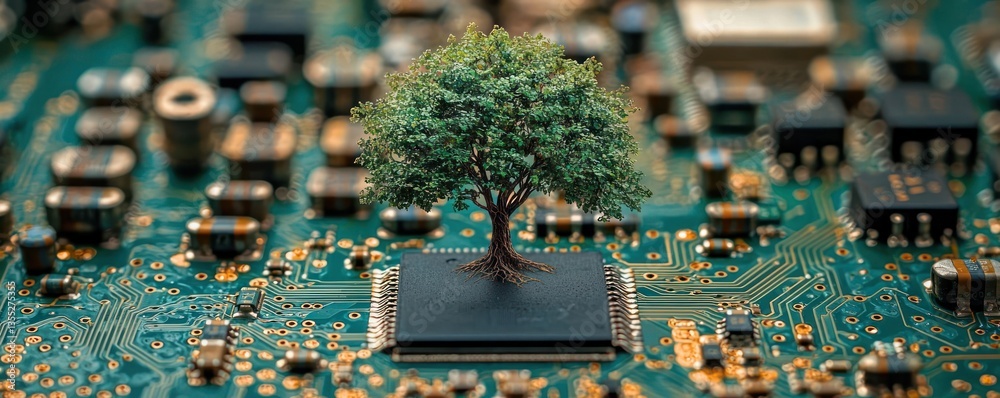 Obraz premium A miniature tree thrives atop a circuit board, symbolizing technological harmony with nature. The image blends technology and environmental consciousness