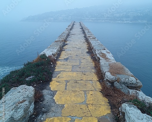 A misty, yellow-paved pier extends into a calm sea, disappearing into the fog-shrouded distance
