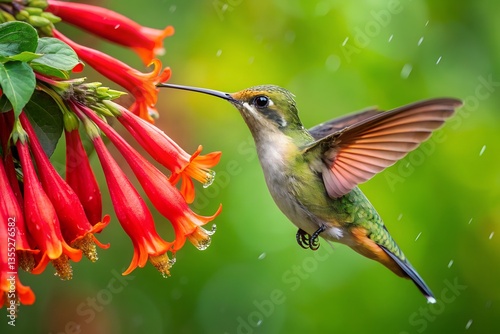 A hummingbird sipping nectar from a bright red trumpet flower, with droplets of water on the petals.