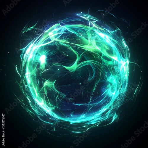 abstract neon sphere glowing with vibrant blues and greens, dynamic light streaks surrounding it, futuristic and hypnotic composition