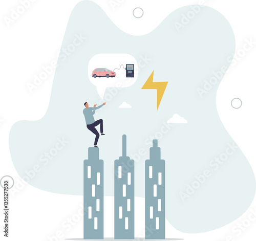 Electric car power station with electricity charging battery .flat character life .