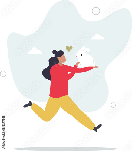 young woman holding a rabbit.animal care concept.flat character life .