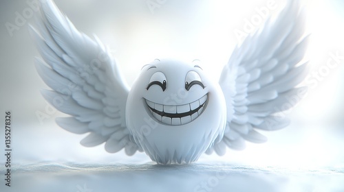 A cute, exaggerated 3D angel with a wide grin and enormous wings, floating on a solid white background