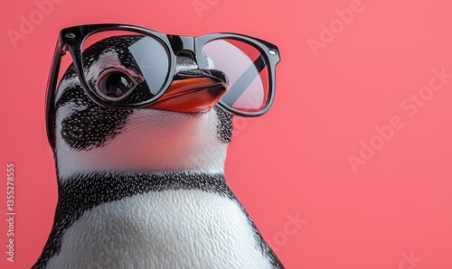 A penguin wearing sunglasses against a vibrant pink backdrop.  A playful, close-up shot