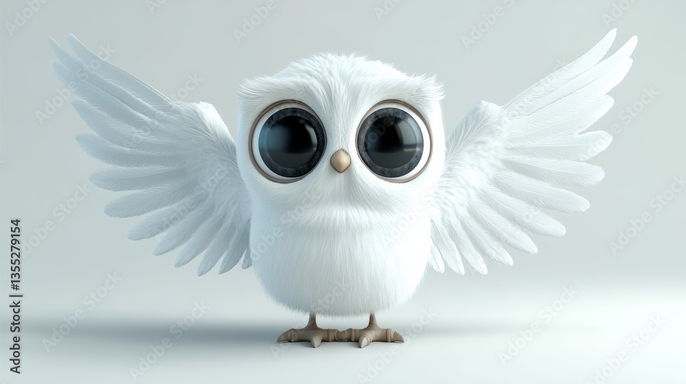 Naklejka premium A funny 3D angel with large round eyes, oversized wings, and a tiny body, set on a clean white background 