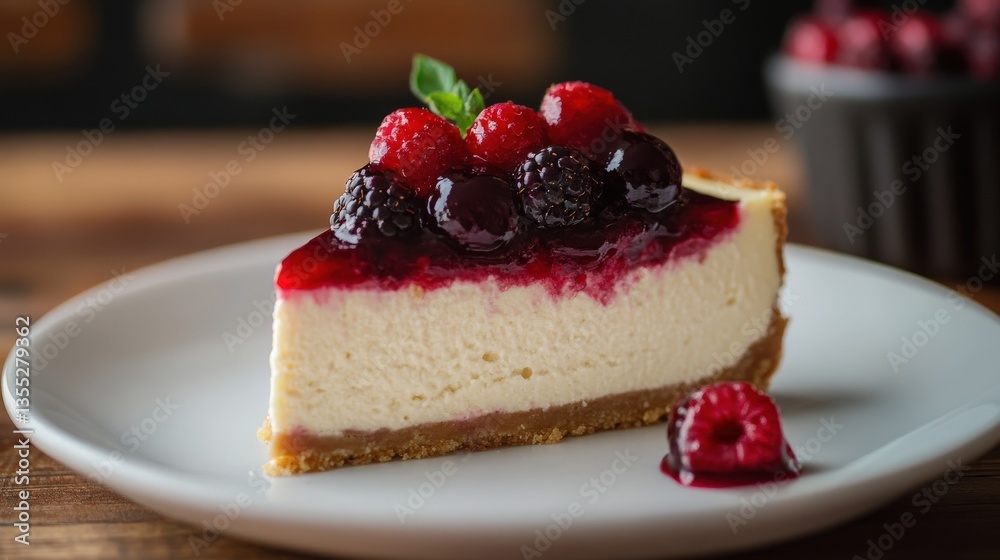 A delicious slice of cheesecake topped with fresh assorted berries A delicious slice of cheesecake topped with fresh assorted berries
