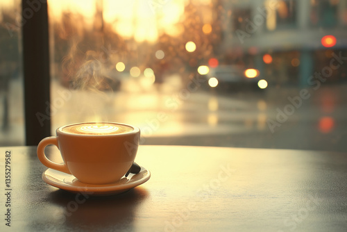 Wallpaper Mural Warm cup of coffee steams on a table during sunset in a cozy urban cafe Torontodigital.ca